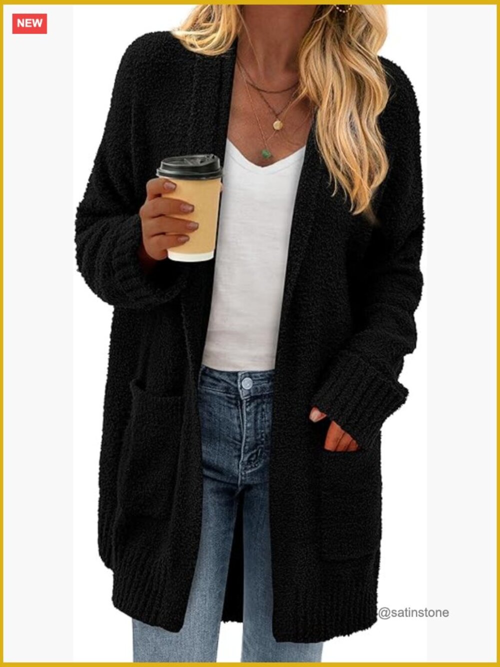 Chunky Fuzzy Knit Open Front Cardigan Sweater with Pockets